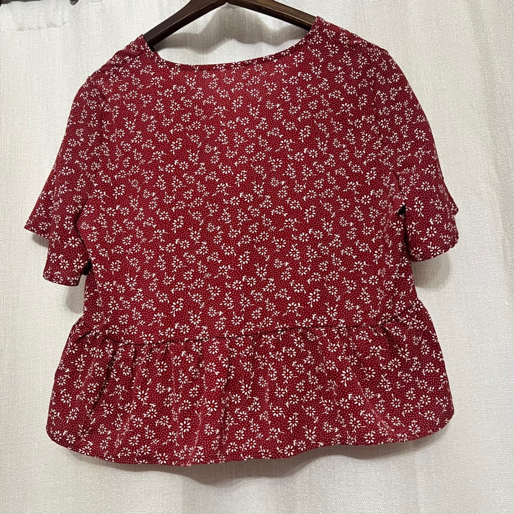 Floral Top Burgundy Red White Peplum Blouse Bow Tie Short Sleeve‎  Women's Sz L - Picture 3 of 10